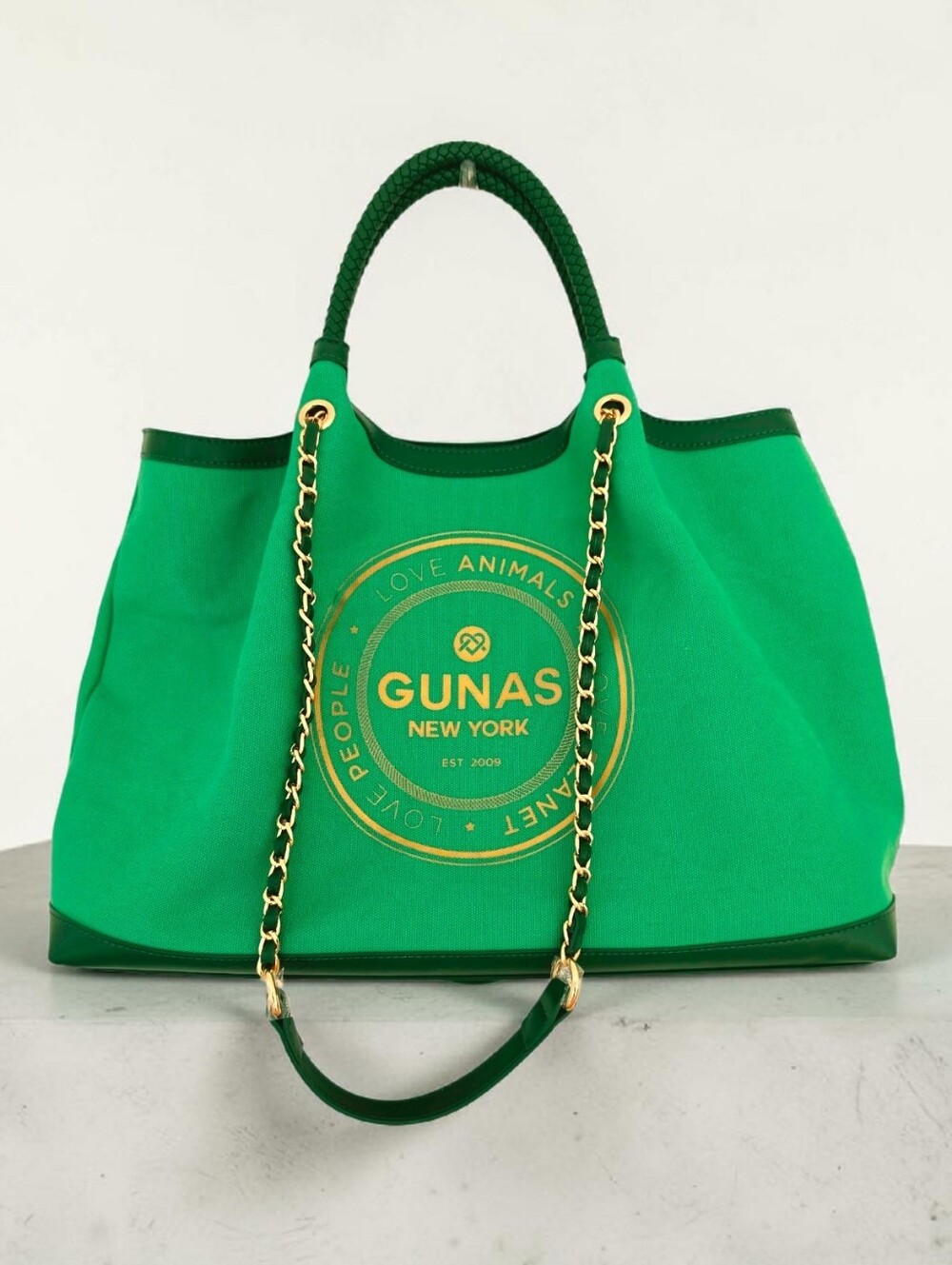 Gunas New York Ruth Green Vegan Canvas Tote Bag Gold Hardware Double Handle